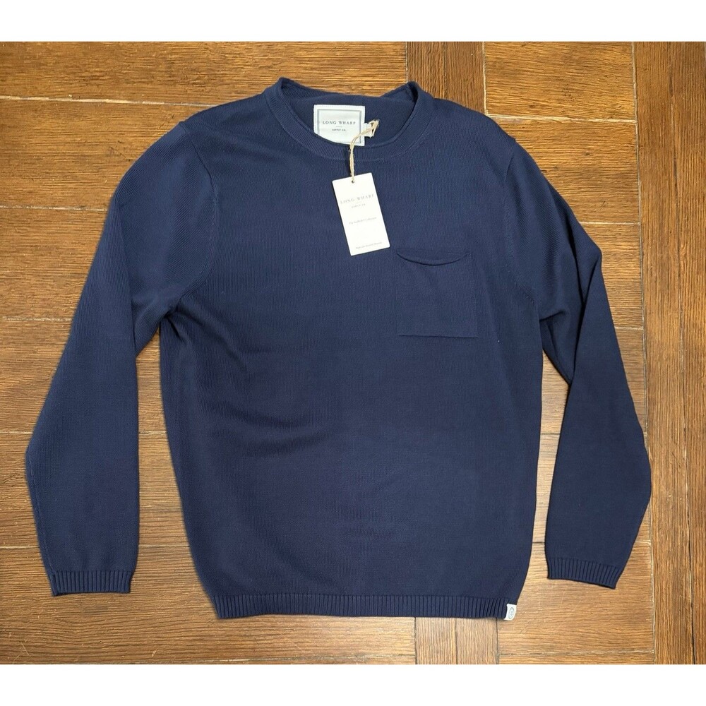 Long Wharf Sweater Mens S Newport Seawell Pocket Crew Navy Blue Rolled Knit NWT